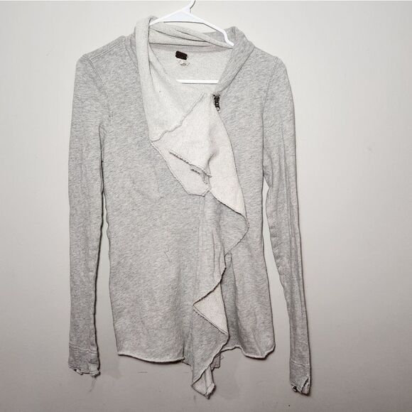 Free people small top jacket sweatshirt zipper up ruffle distressed grey - Picture 3 of 6
